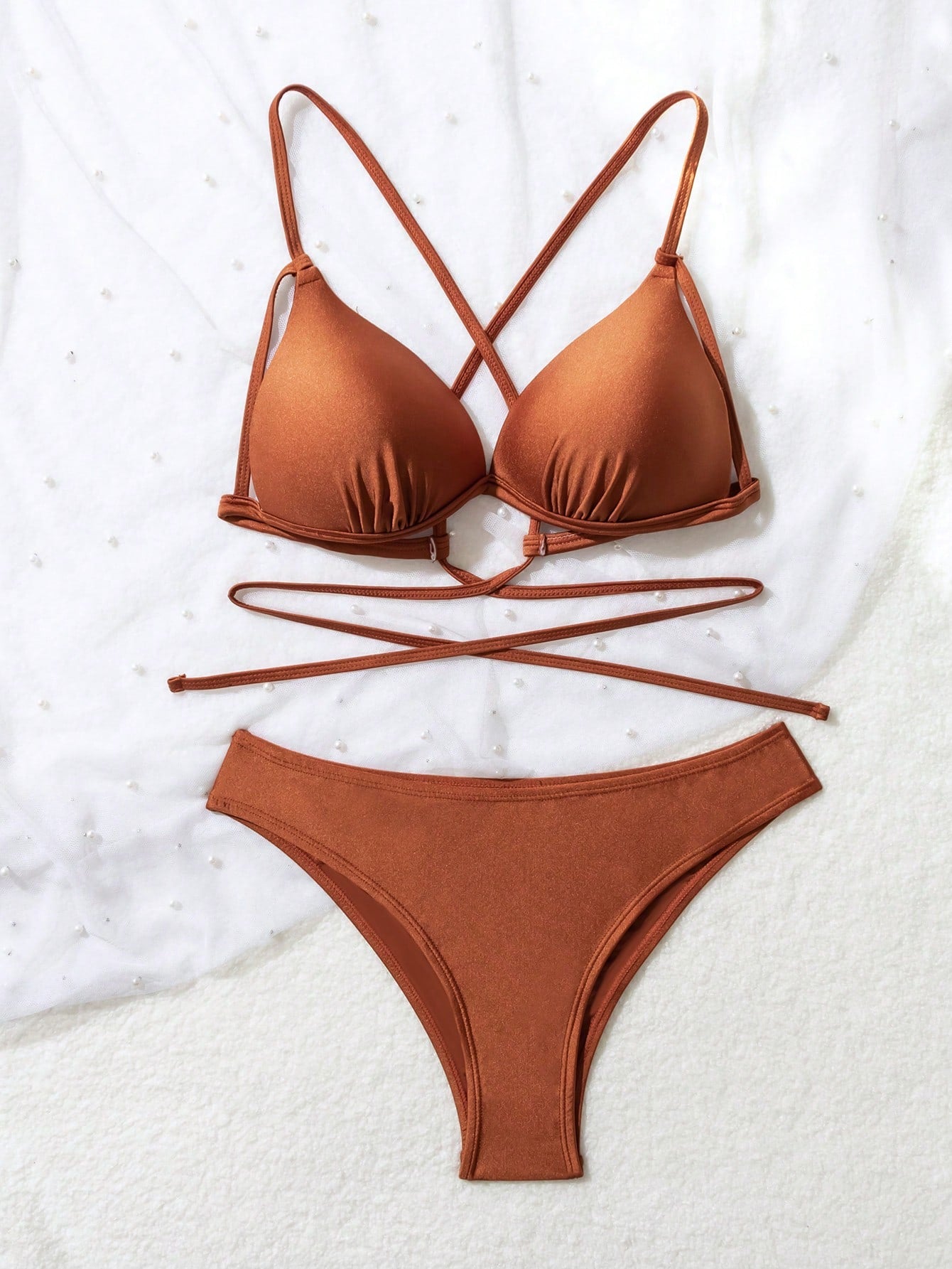 Solid Color V Neck Spaghetti Strap Bra & Swim Bottom Bikini Set, Separated Swimming Suit Bathing Suit For Summer Beach