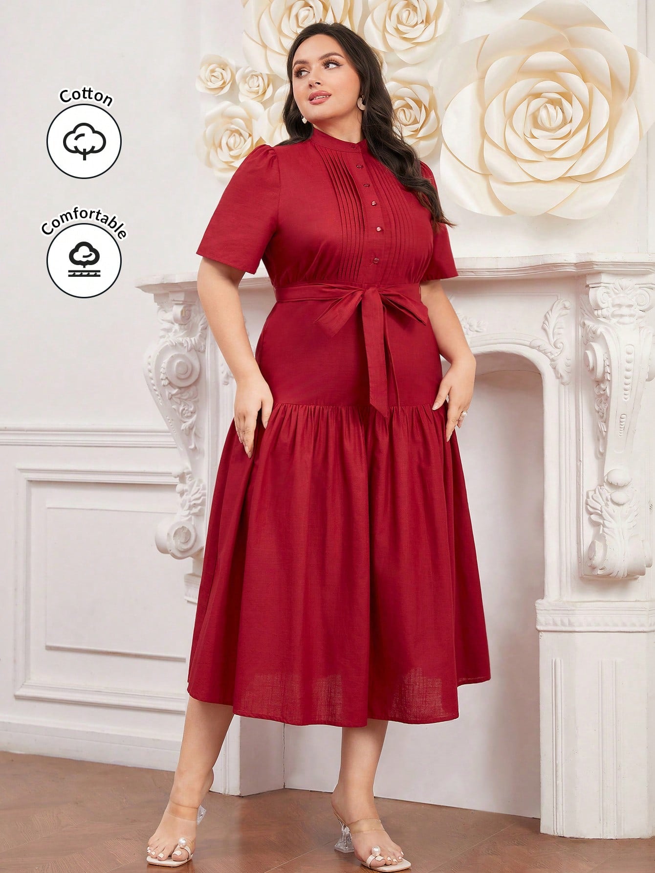 Plus Size Solid Color Stand Collar Pleated Dress