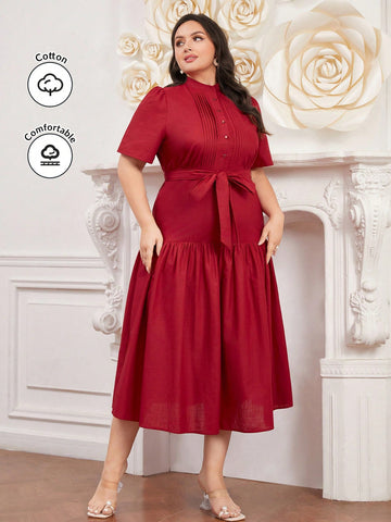 Plus Size Solid Color Stand Collar Pleated Dress