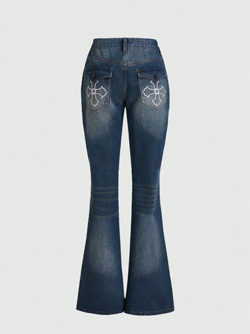 Cross Print Flare Leg Jeans