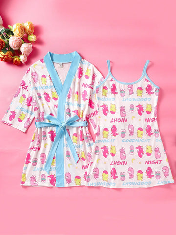 Teen Girl Cute Cartoon Letter Printed Cami Dress + Long Sleeve Robe Household Clothes Set