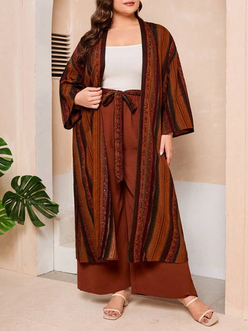 Plus Size Women's Striped Drop Shoulder Open Front Coat And Pants Set