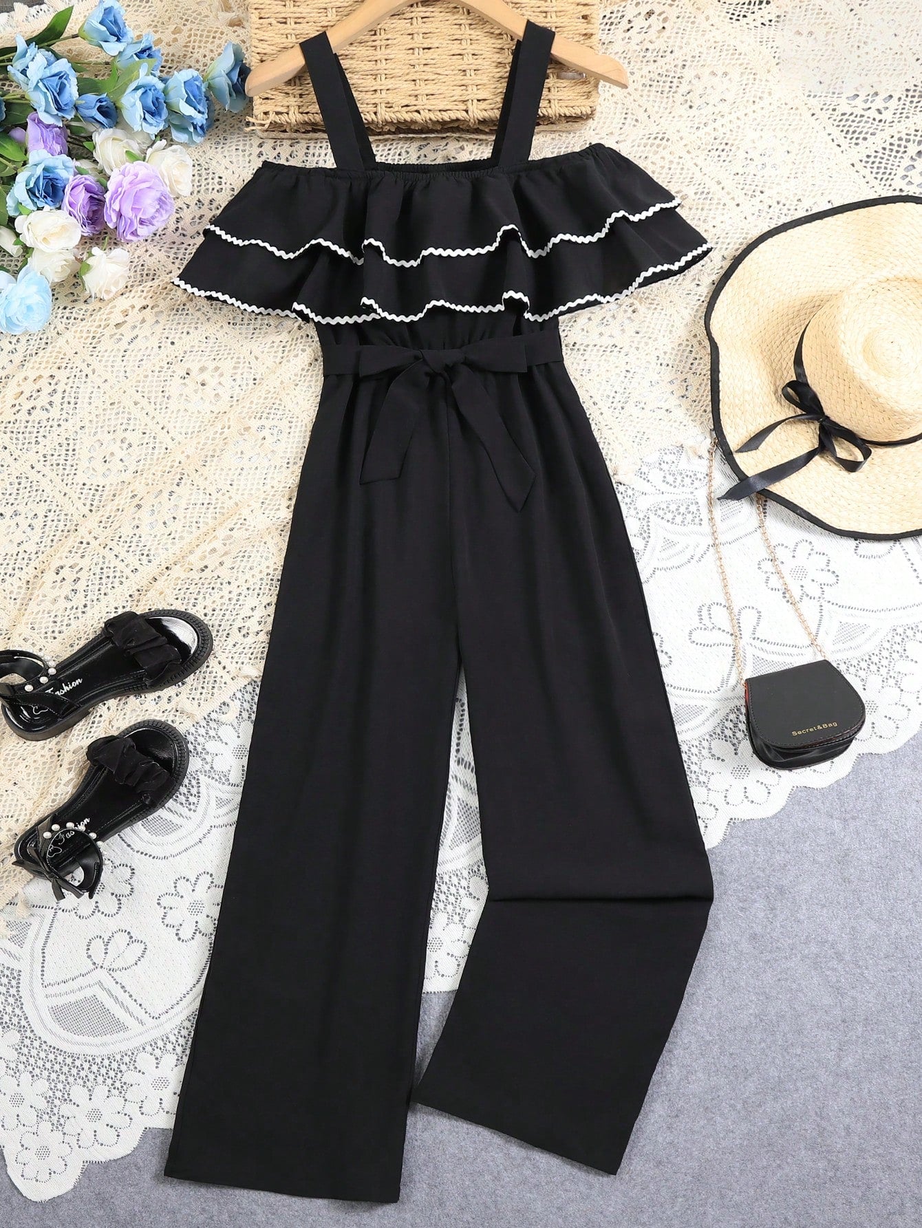 Teen Girl Elegant Casual Jumpsuit With Contrast Layered Lace Hem