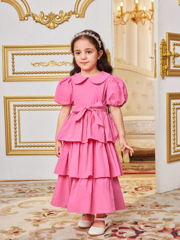 Young Girl Gorgeous Doll Collar Short Sleeve Puff Sleeve Multi-Layer Ruffled Hem Dress