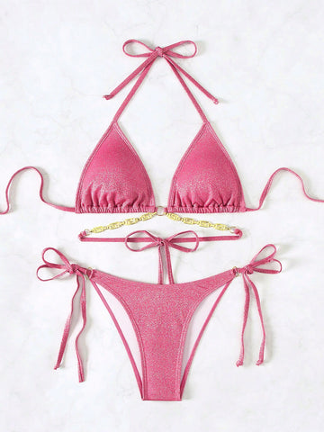 Slim Fit Detail Hang-Neck Bikini Set