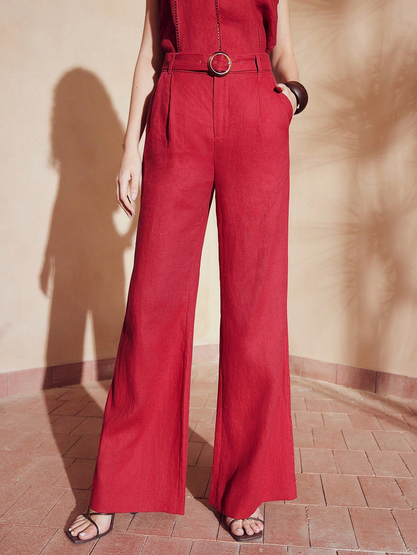 PURE LINEN SOLID FOLD PLEATED BUCKLE BELTED FLARE LEG SUIT PANTS