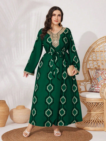 Plus Size Women's Geometric Printed Long Sleeve Arabic Clothing With Woven Strap Detail