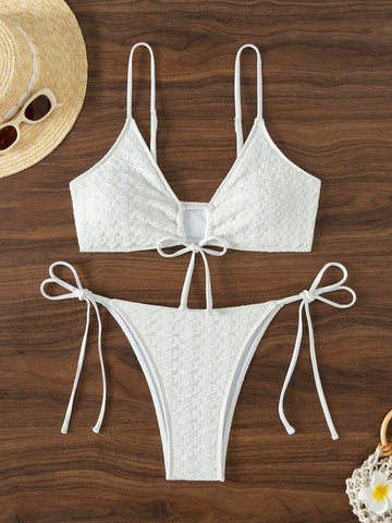 Texture V-Neck Lace-Up Bikini Set With Separated Bottom