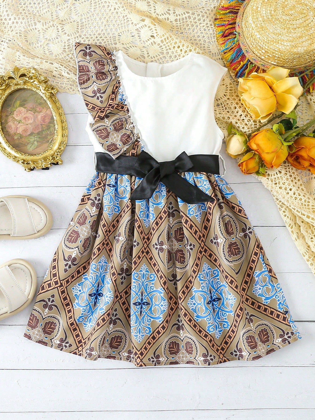 Young Girl's Style Floral Printed Patchwork Asymmetric Ruffled Sleeveless Dress With Belt For Summer