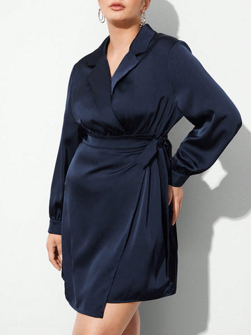 Plus Size Solid Color Surplice Wrap Belted Dress