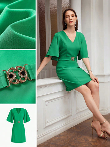 V-NECK FLUTTER SLEEVE BELTED DRESS