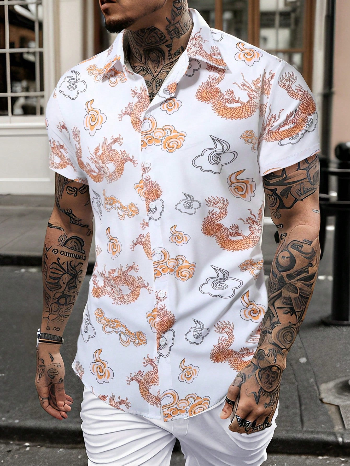 Men's Chinese Dragon Printed Short Sleeve Shirt