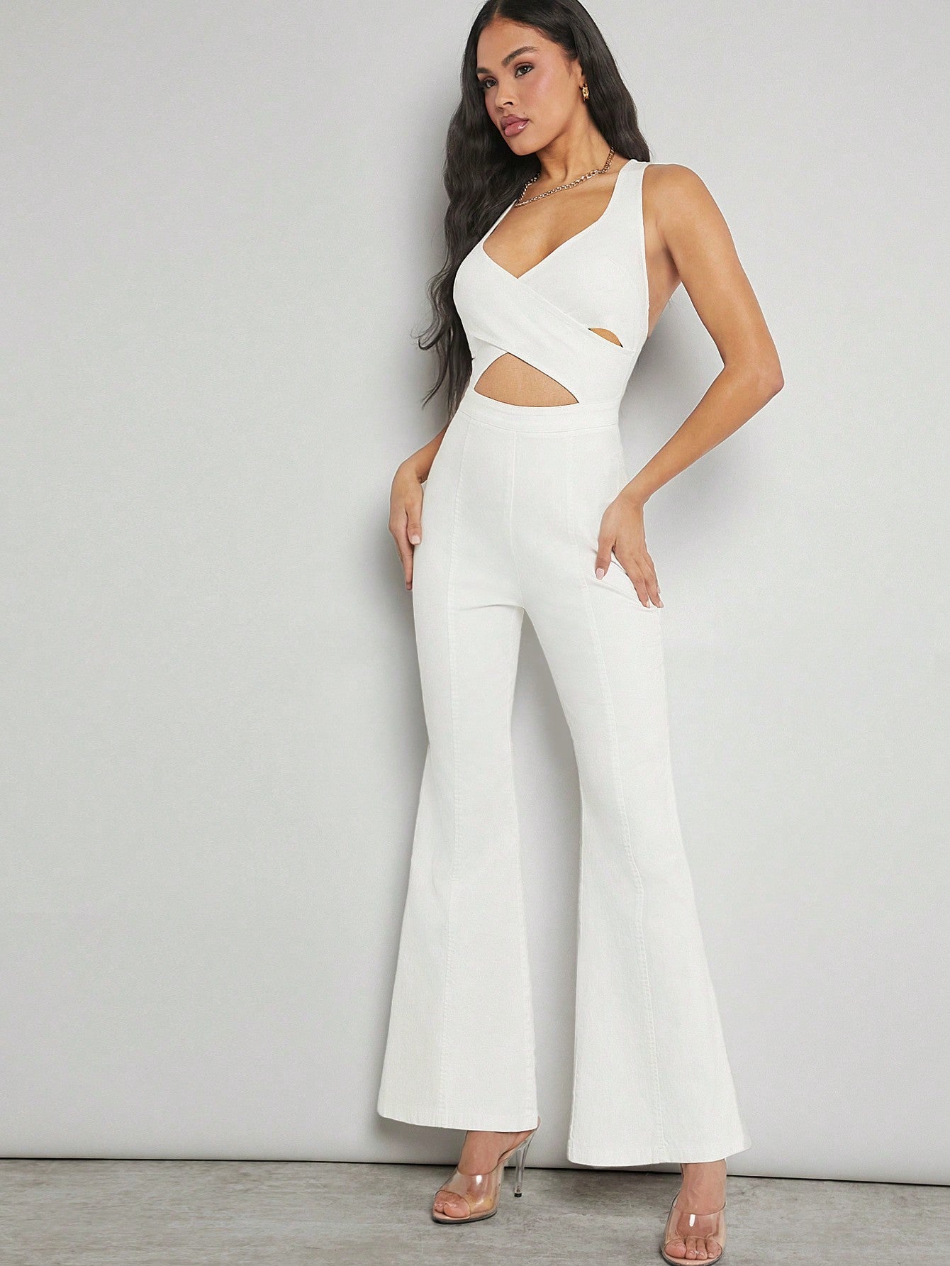 Cross Cut Out Flare Leg Jumpsuit