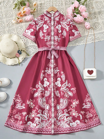 Tween Girls' Elegant Floral Print Shirt Dress With Waist Belt