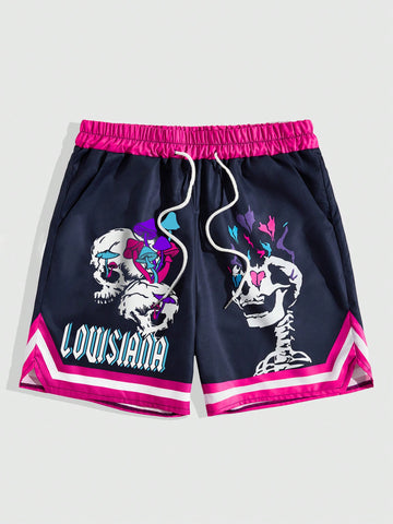 Men's Letter Skull Print Drawstring Waist Shorts