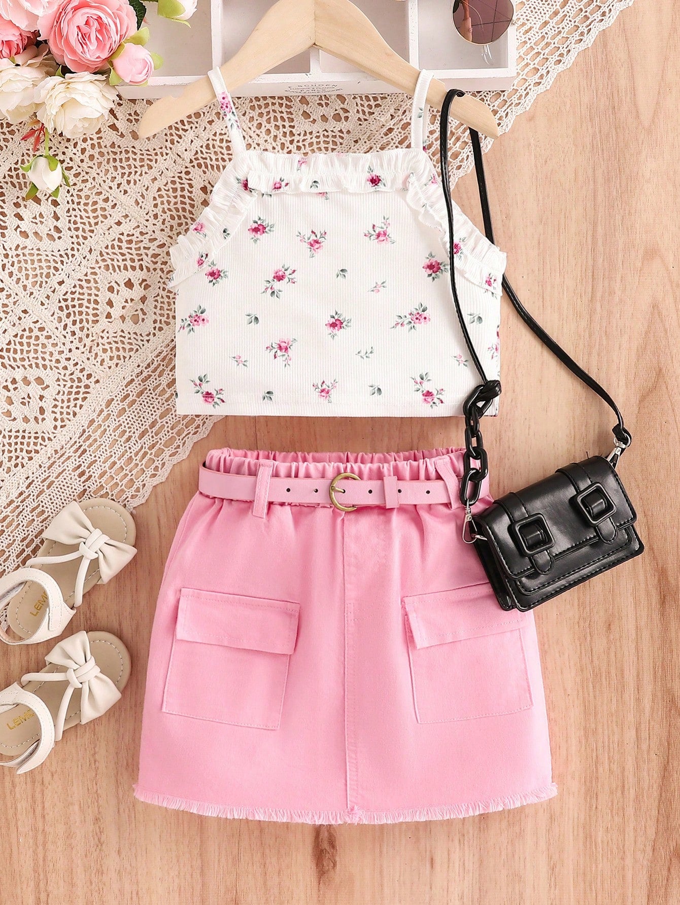 Young Girl 2pcs/Set Elegant And Lovely Floral Print Sleeveless Tank Top + Stylish Workwear Skirt For Summer