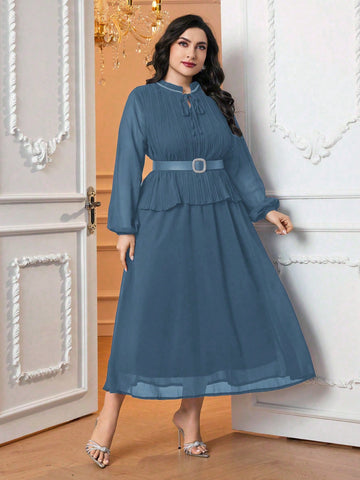 Women's Plus Size Lantern Sleeve Belted Dress