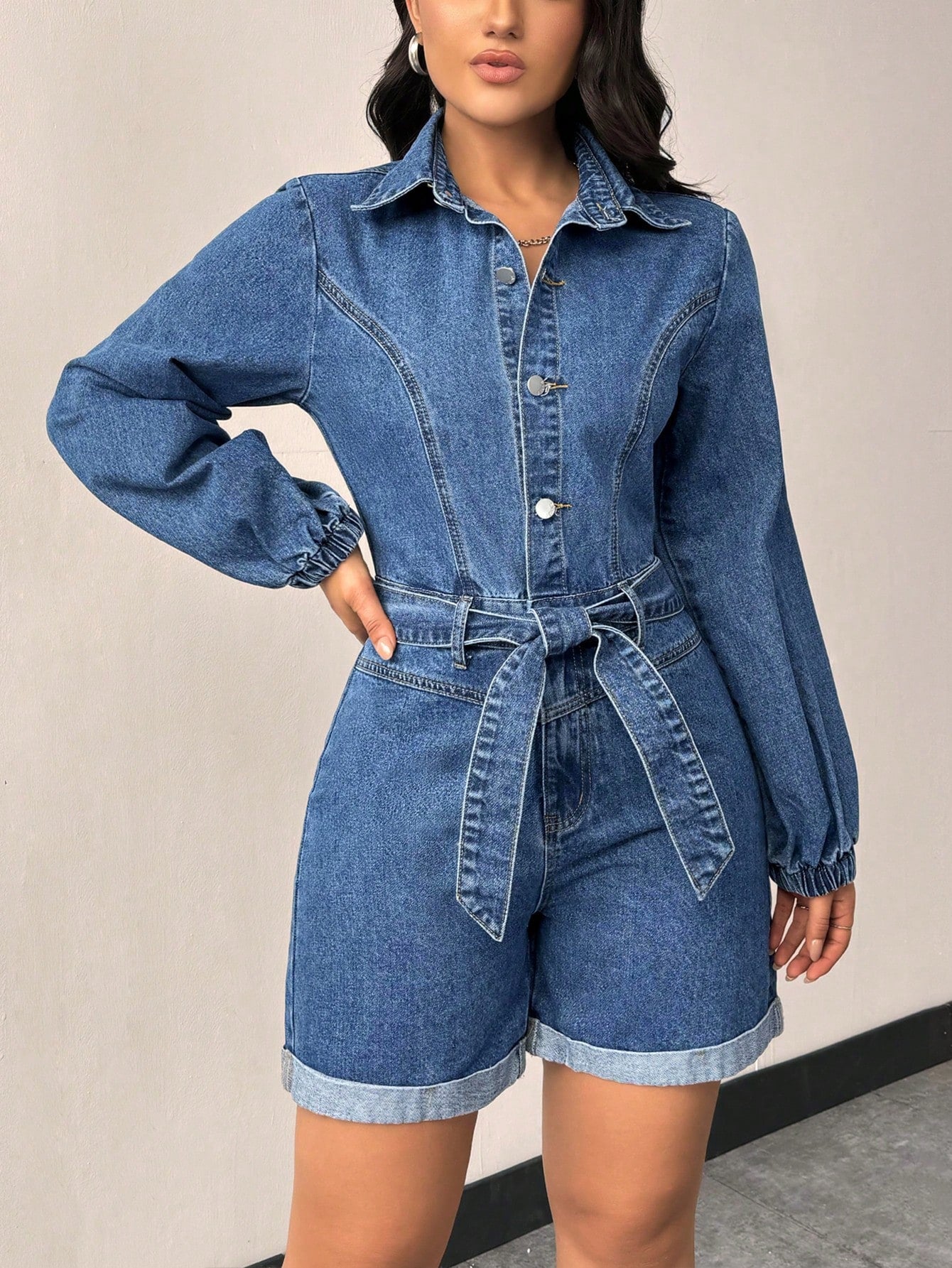 Women's Denim Romper With Lantern Sleeve And Waist Tie