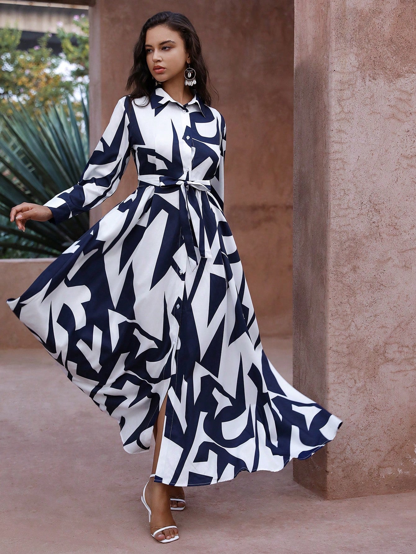 Random Printed Button Front Long Dress