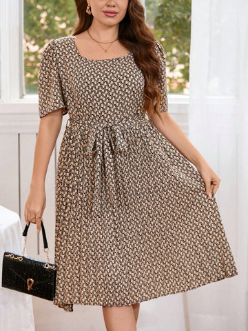 Plus Size Full Printed Square Neckline A-Line Dress With Waist Tie