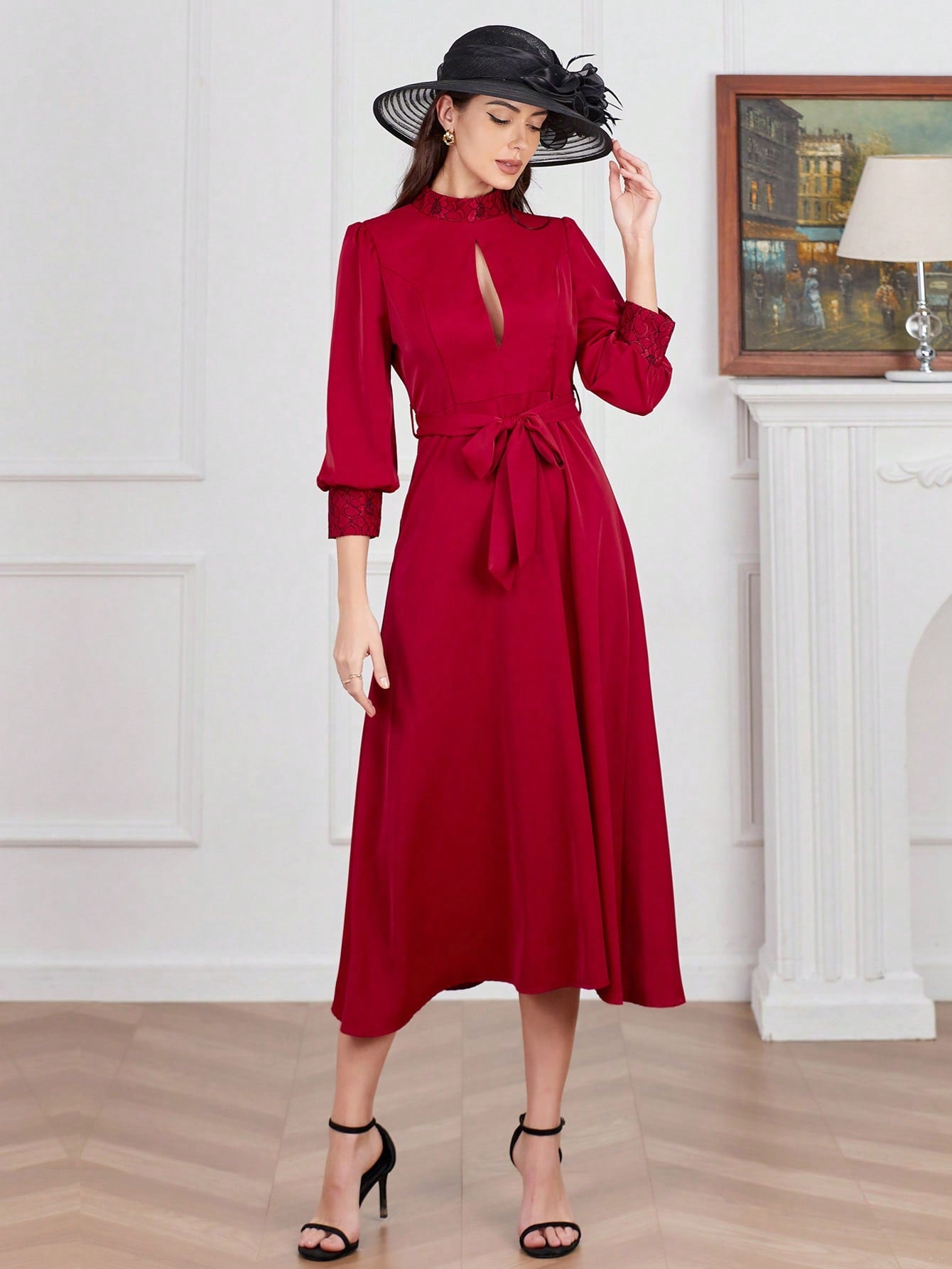 Women's Stand Collar Hollow Out Puff Long Sleeve Dress