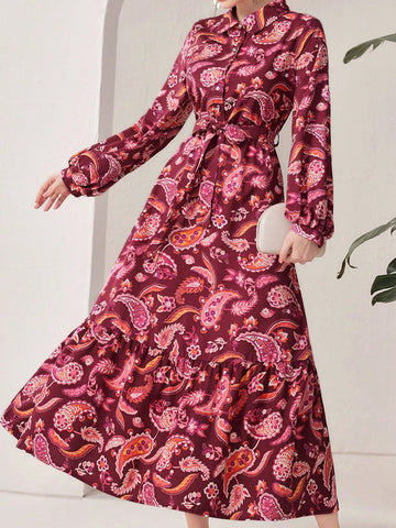 Women'S Lantern Sleeve Dress With Paisley Print