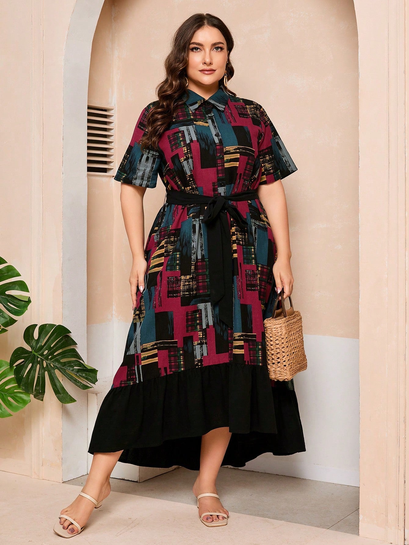 Plus Size Women's Printed Shirt Dress With Patchwork Design