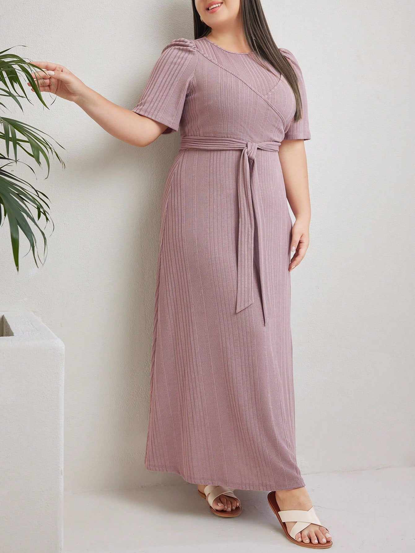 Plus Size Solid Color Rib Knit Bubble Sleeve Dress