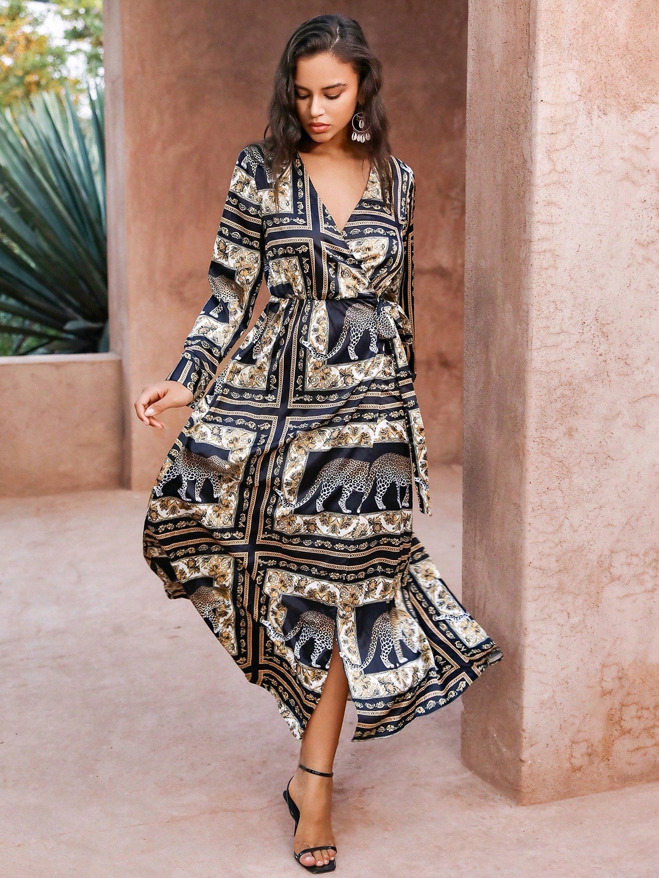 Women's Patchwork Print Wrap Belted Dress