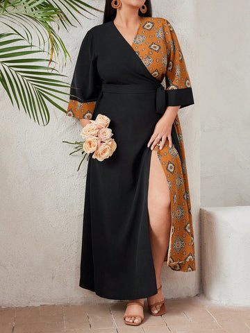 Plus Size Color Block And Printed Splicing Wrap Belted Dress