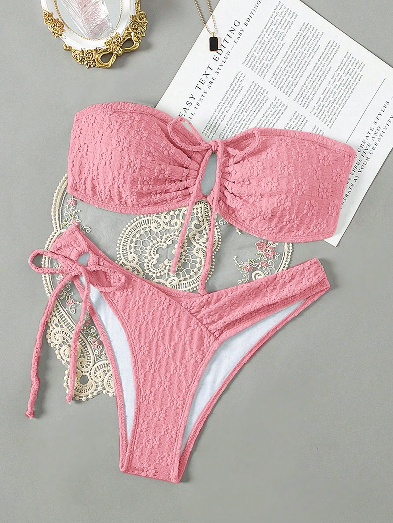 Solid Color Textured Strapless Bikini Set, Summer Beach