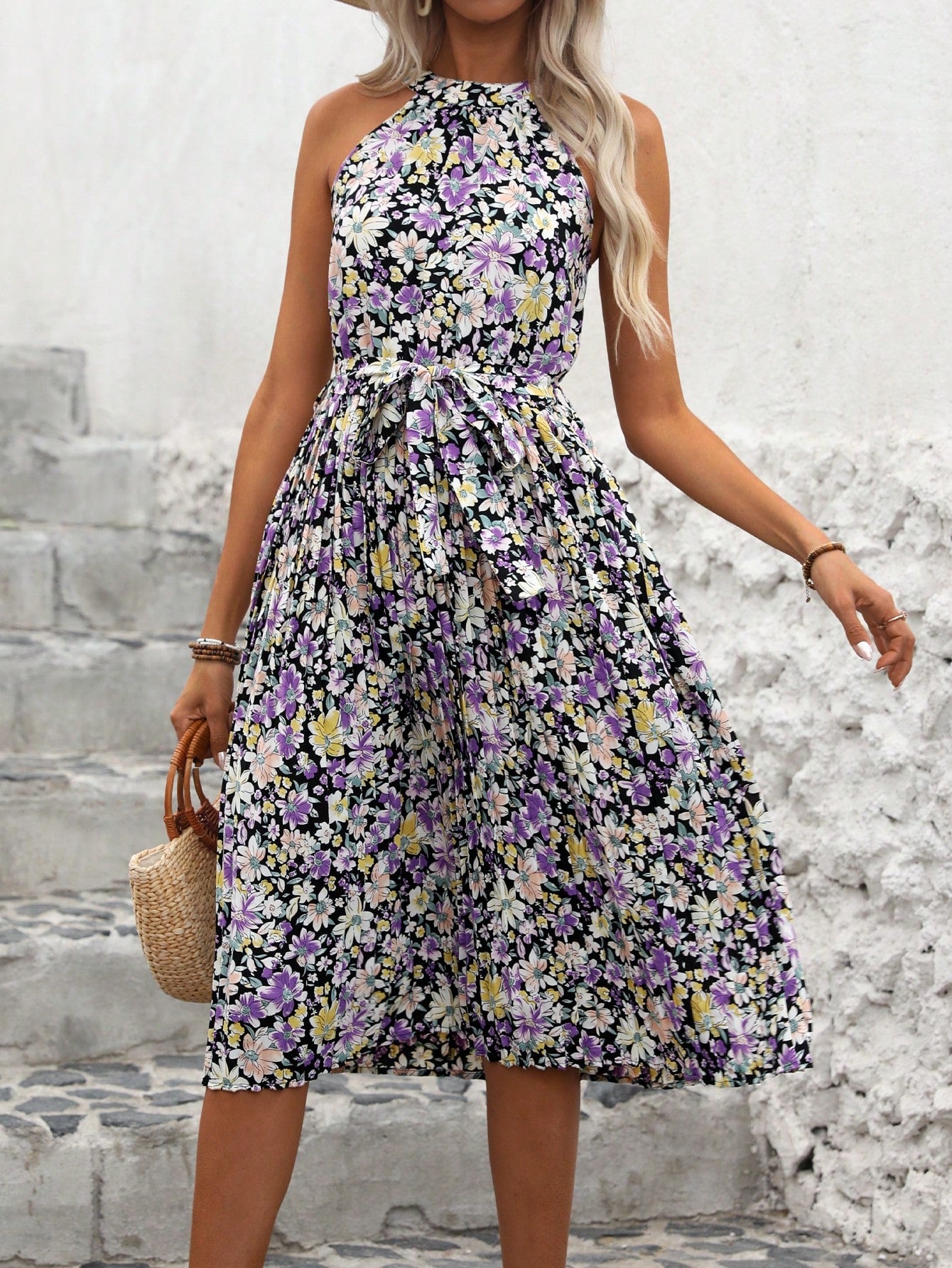 Women's Floral Print Halterneck Sleeveless Dress