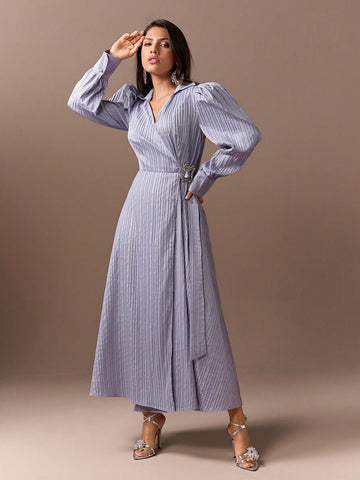 Women's Puff Long Sleeve Dress With Turn-Down Collar