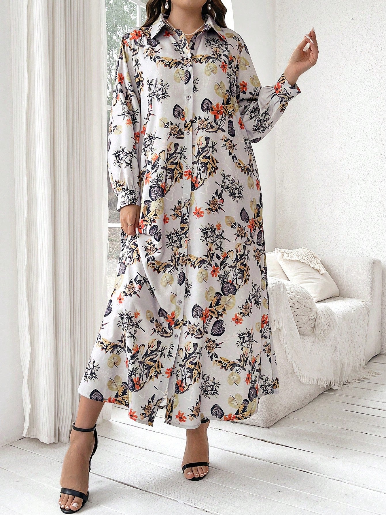 Plus Size Women's Floral Printed Single Breasted Long Sleeve Shirt Dress