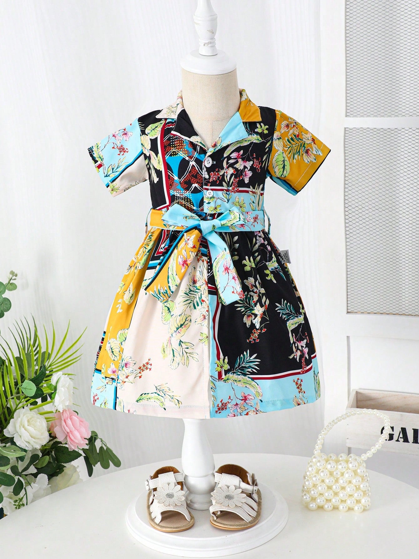 2pcs Baby Girls' Fashionable Patchwork Floral Print Casual Shirt Dress With Waist Belt For Summer