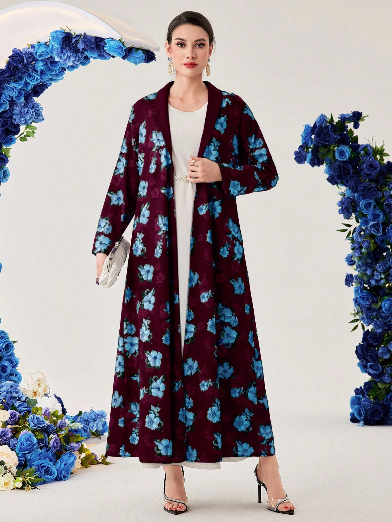 Floral Print Women's Long Sleeve Open Front Arabic Abaya