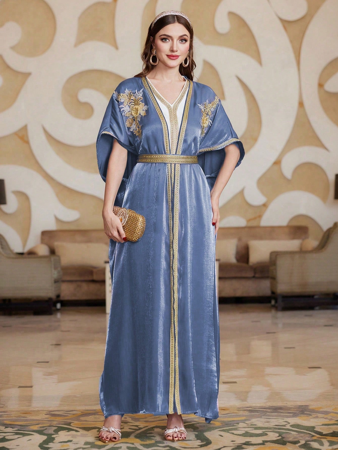 Patchwork Belted Sleeveless Dress And Floral Embroidered Jalabiya Set