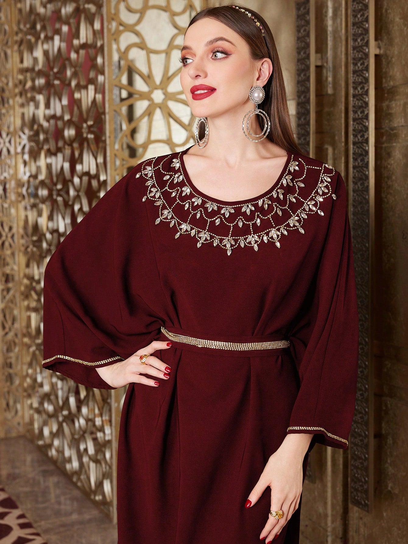 Batwing Sleeve Dress With Rhinestone Embellishment