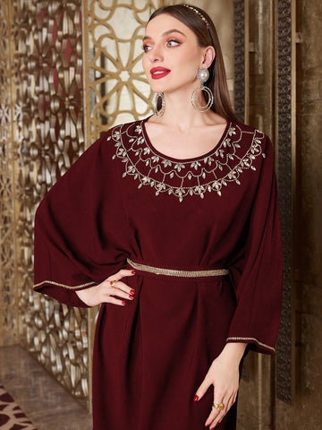 Batwing Sleeve Dress With Rhinestone Embellishment