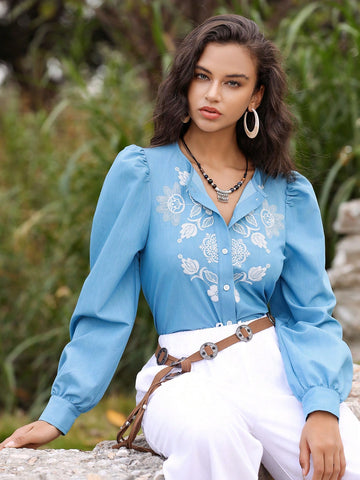 Women Loose Bubble Long Sleeve Blue Casual Embroidered Shirt For Spring/Summer