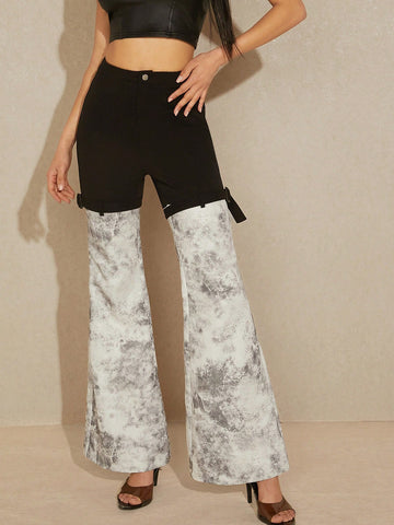 Colorblock Buckle Flare Leg Pants