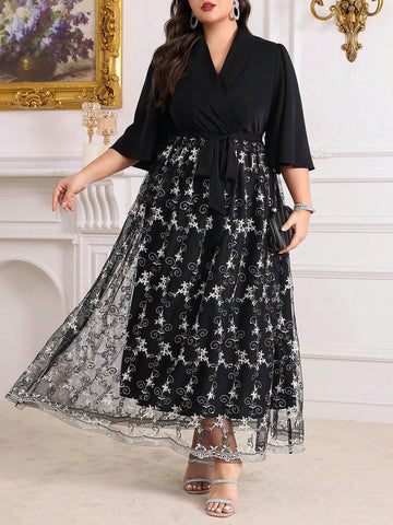 Plus Size Floral Embroidery & Mesh Patchwork Black Summer Long Dress