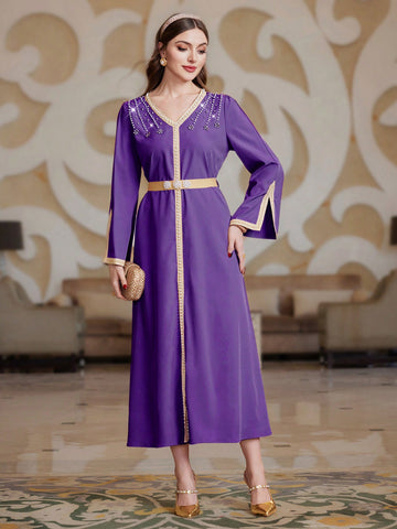 Women's Arabian Style Dress With Patchwork Woven Ribbon Decor And Split Sleeve