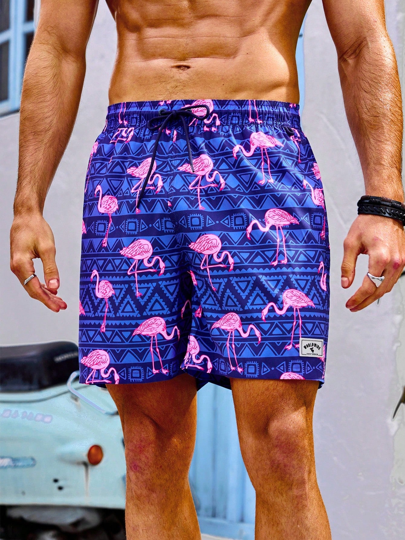 Men's Flamingo Printed Drawstring Waist Beach Shorts