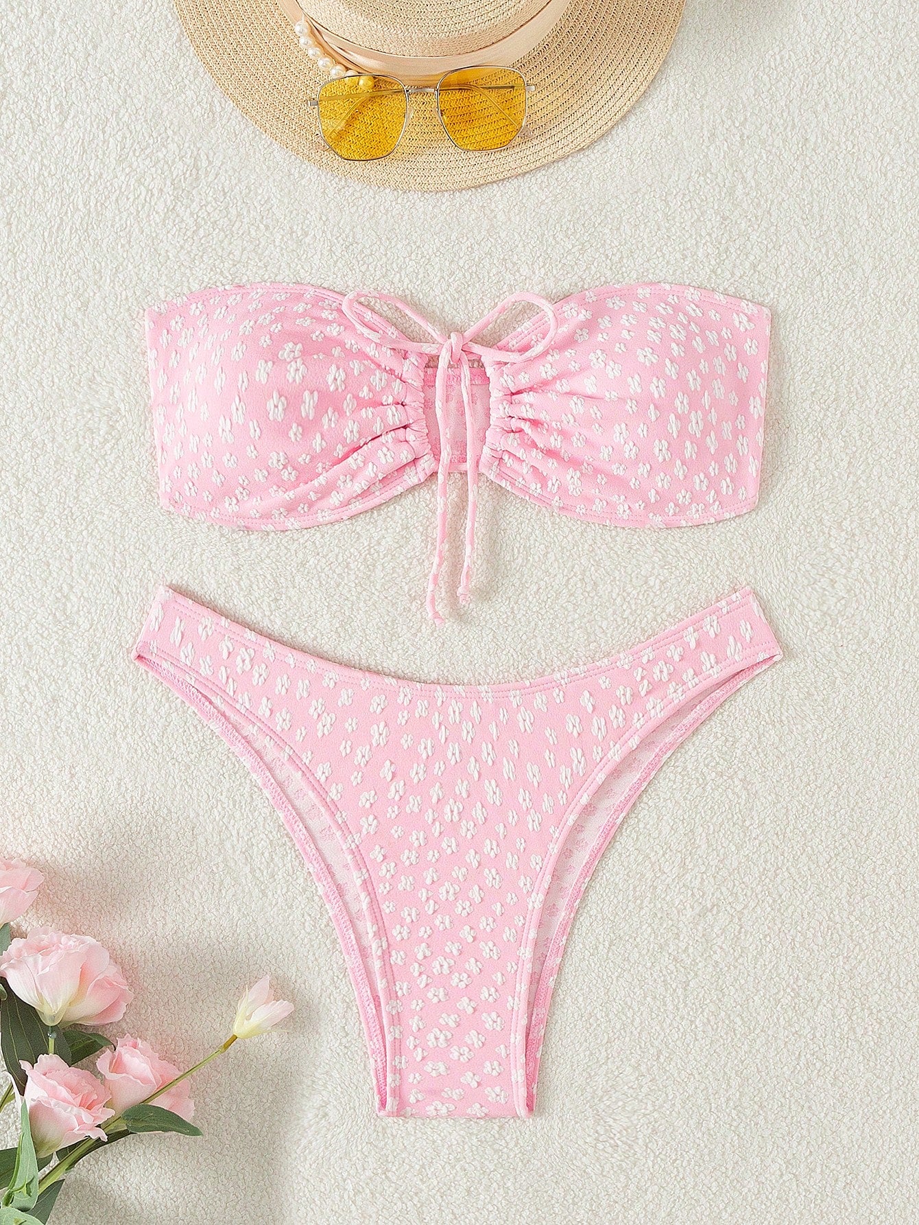 Ladies' Floral Towel Embroidery Bandeau Bikini Set