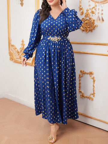 Plus Size Women'S Polka Dot Lantern Sleeve Dress With Gold Foil Print