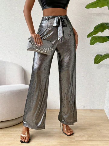 Solid Color High Waisted Belted Wide Leg Pants