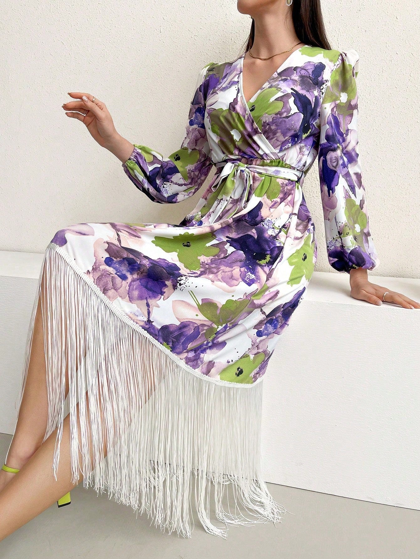 Women's Floral Printed Fringe Hem Wrap Dress