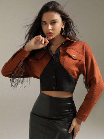 Women's Color Blocking Fringe Cropped Jacket