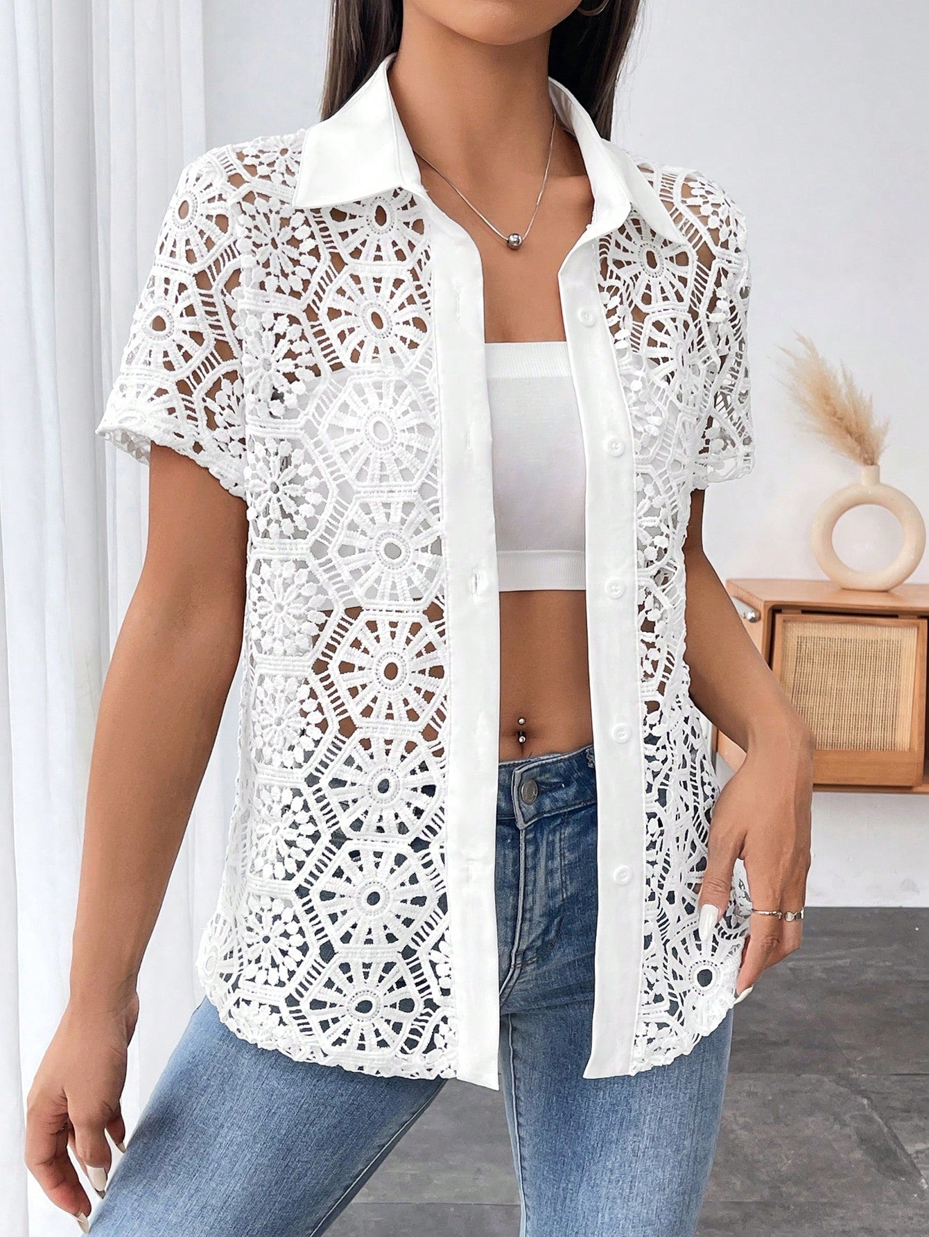 Ladies' Solid Color Lace Hollow Out Short Sleeve Blouse